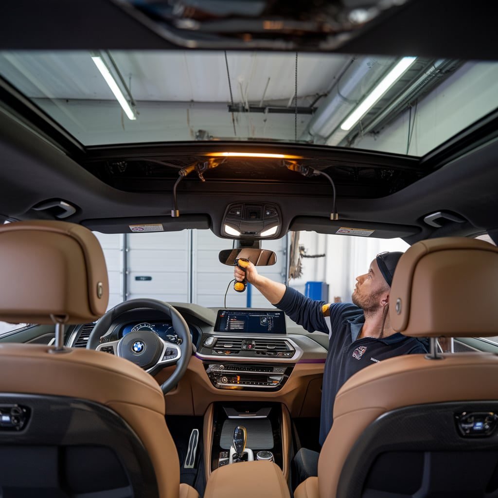 Roof lining access around a BMW panoramic sunroof