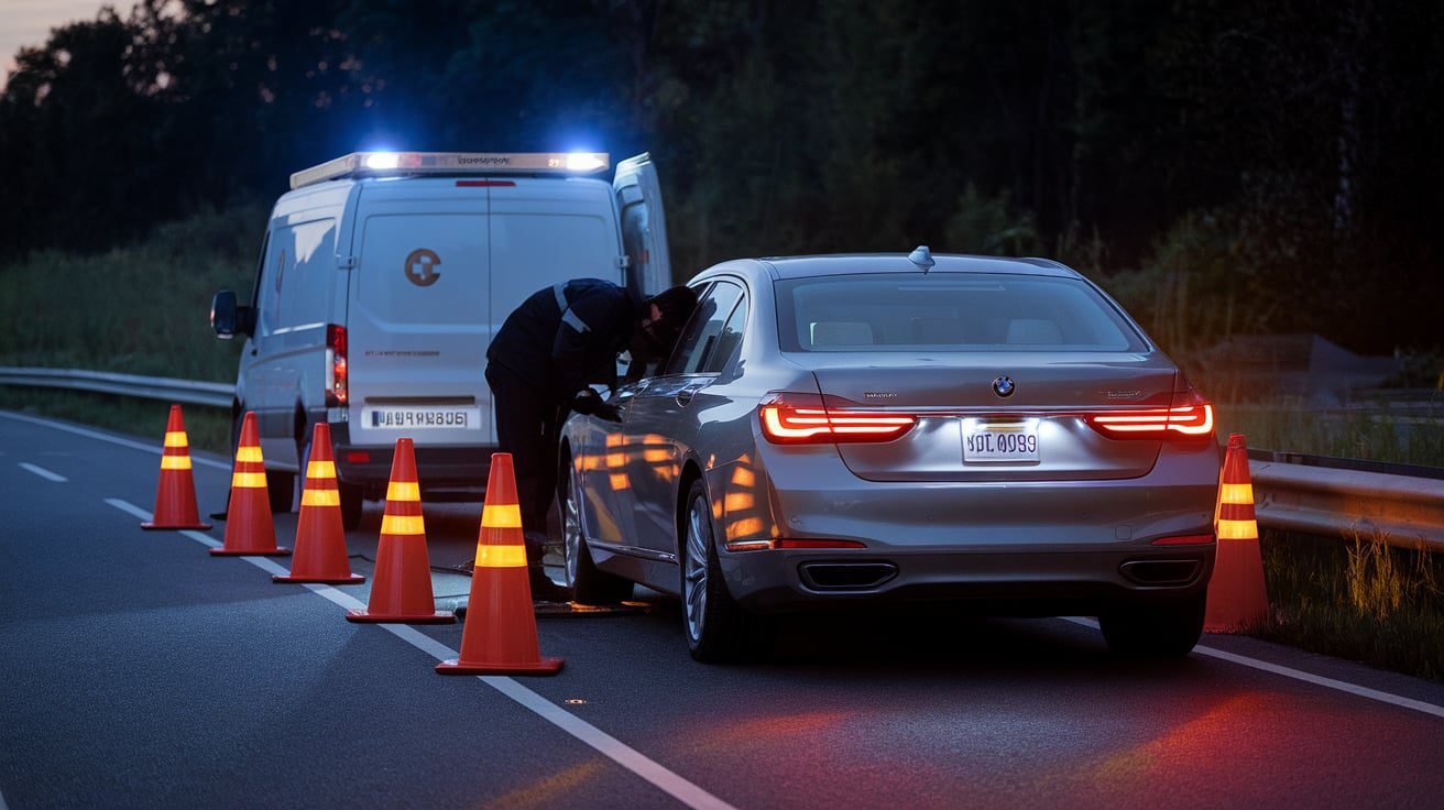 BMW roadside assistance vehicle attending a stopped car