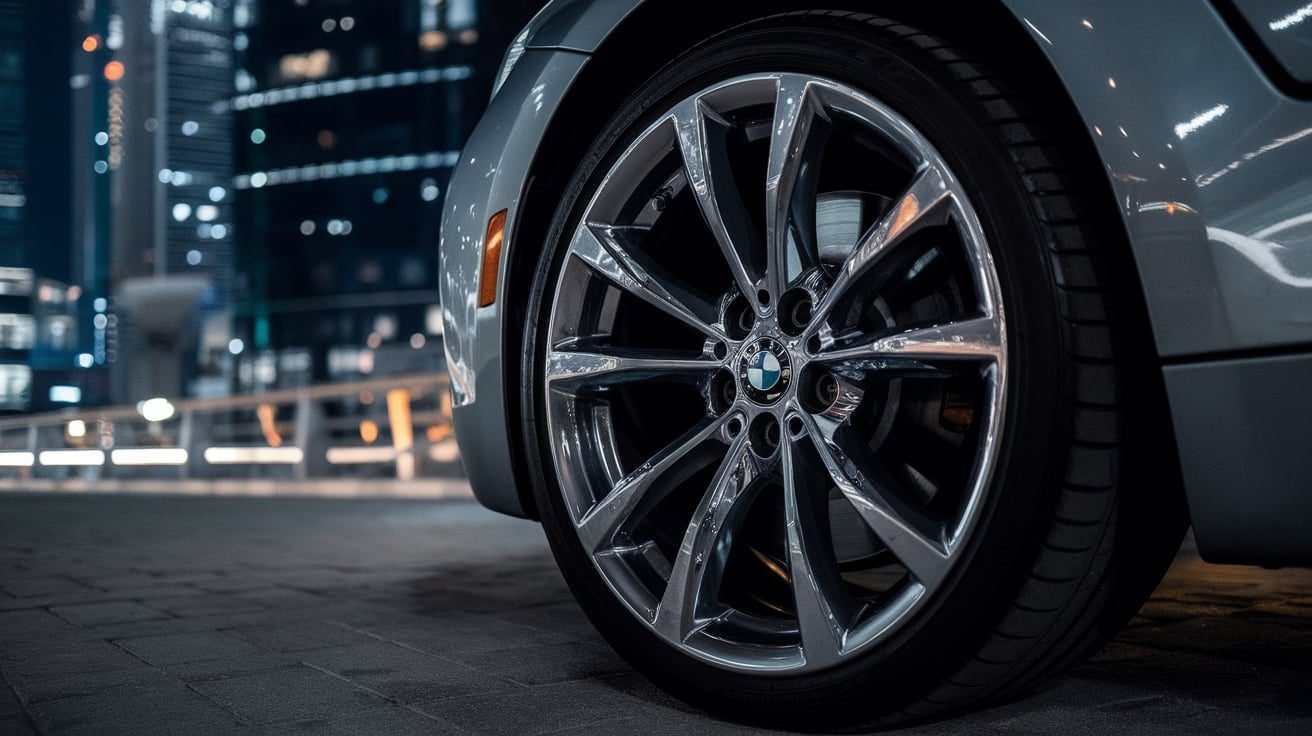 BMW front wheel and tire seen from the side