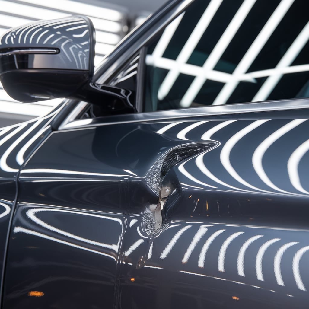 Dent and paint damage in a BMW door under reflected lighting