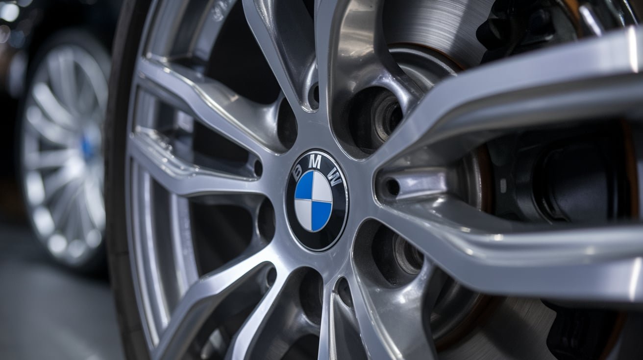 Close-up of a silver BMW alloy wheel face