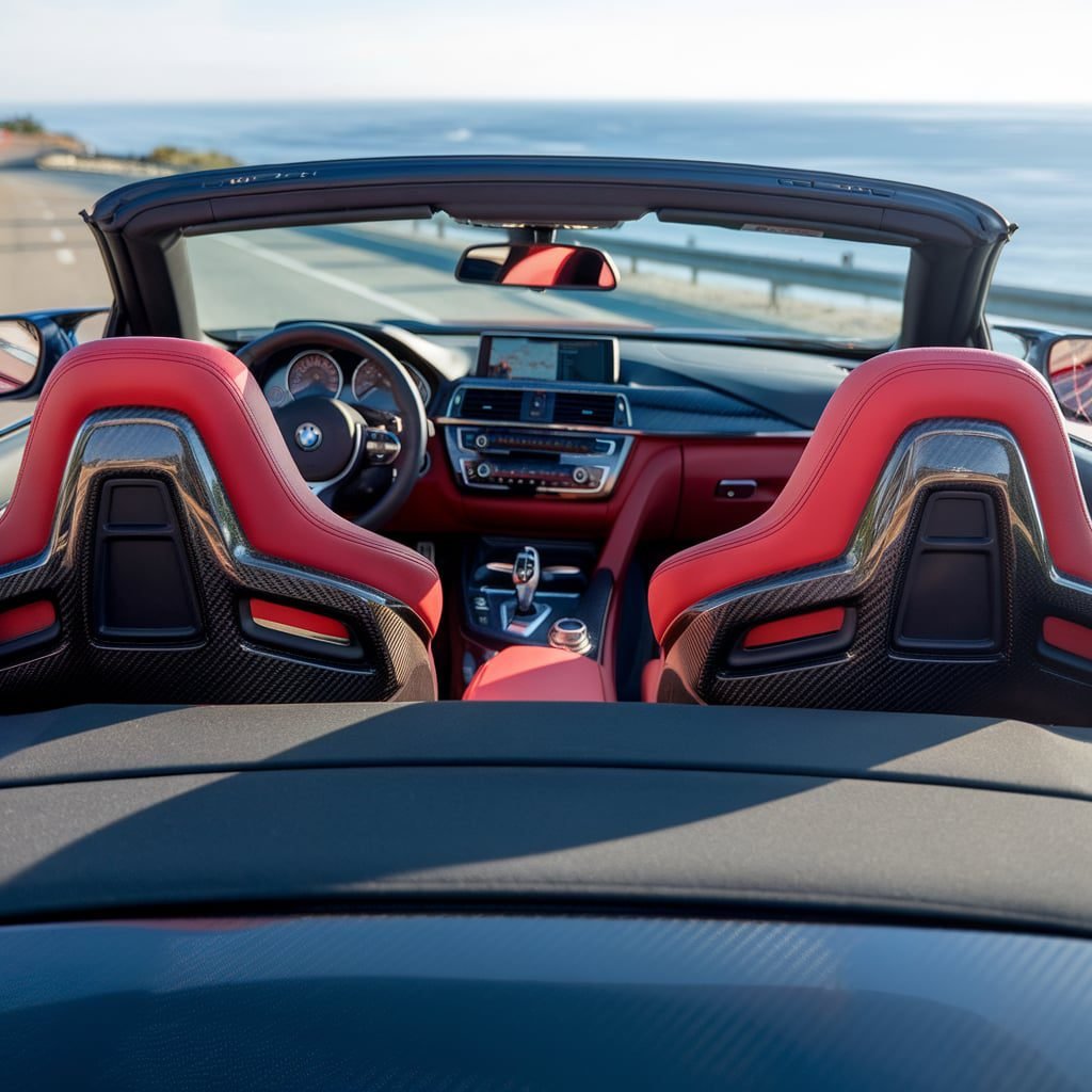 BMW convertible cabin with red seats and the roof open