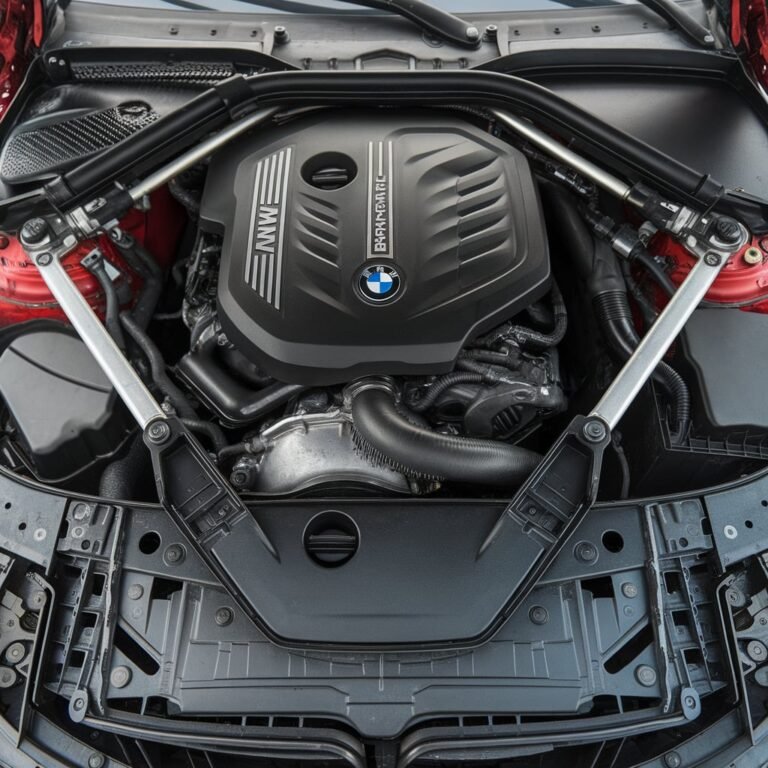 BMW engine bay with engine cover and intake components