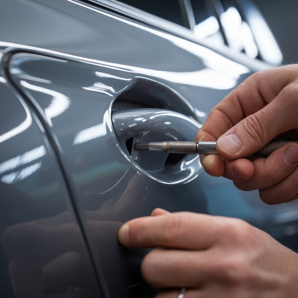 Close view of tool access beside a vehicle door handle