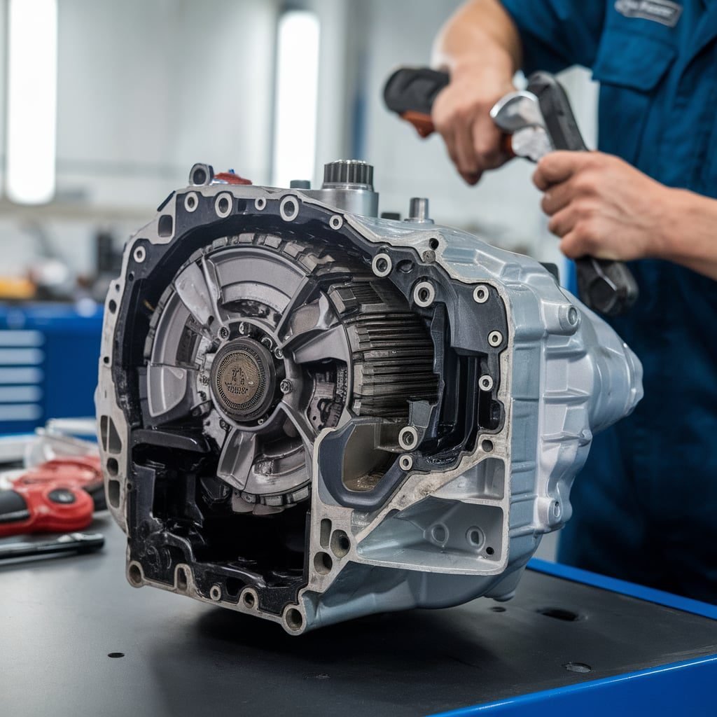 Automatic transmission assembly on a workbench
