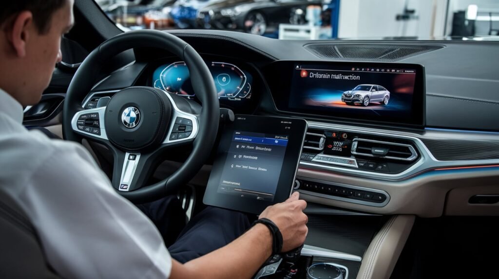 Diagnostic tablet beside a BMW dashboard showing a drivetrain warning