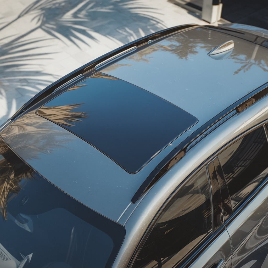 Exterior view of a panoramic roof and surrounding panel edges