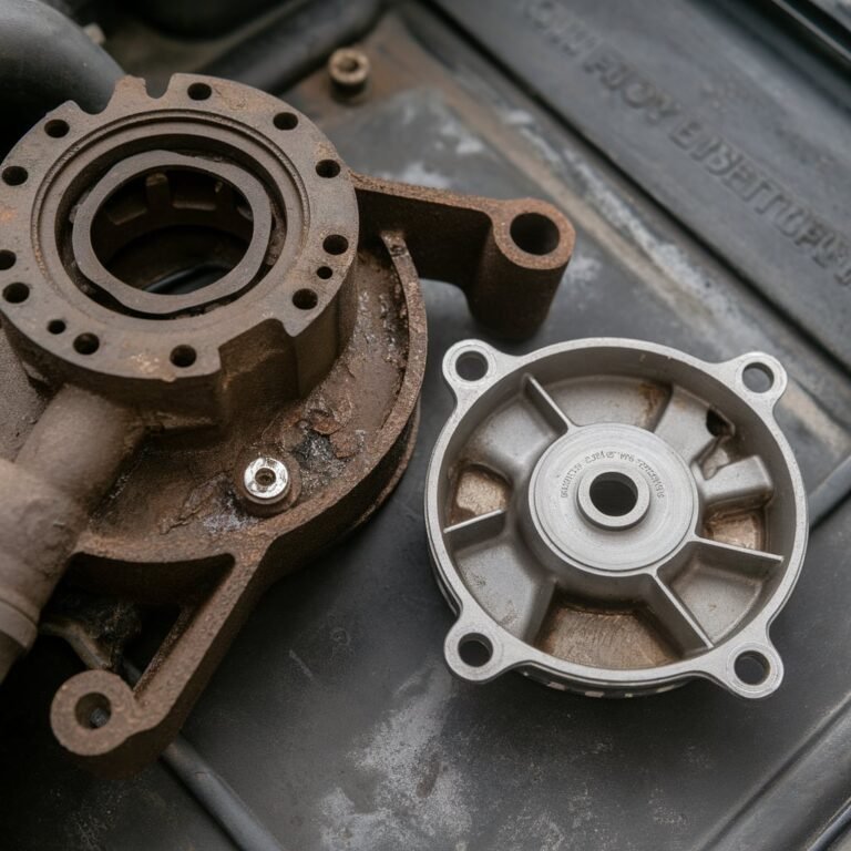 Illustrative pump housing and impeller components on a workbench