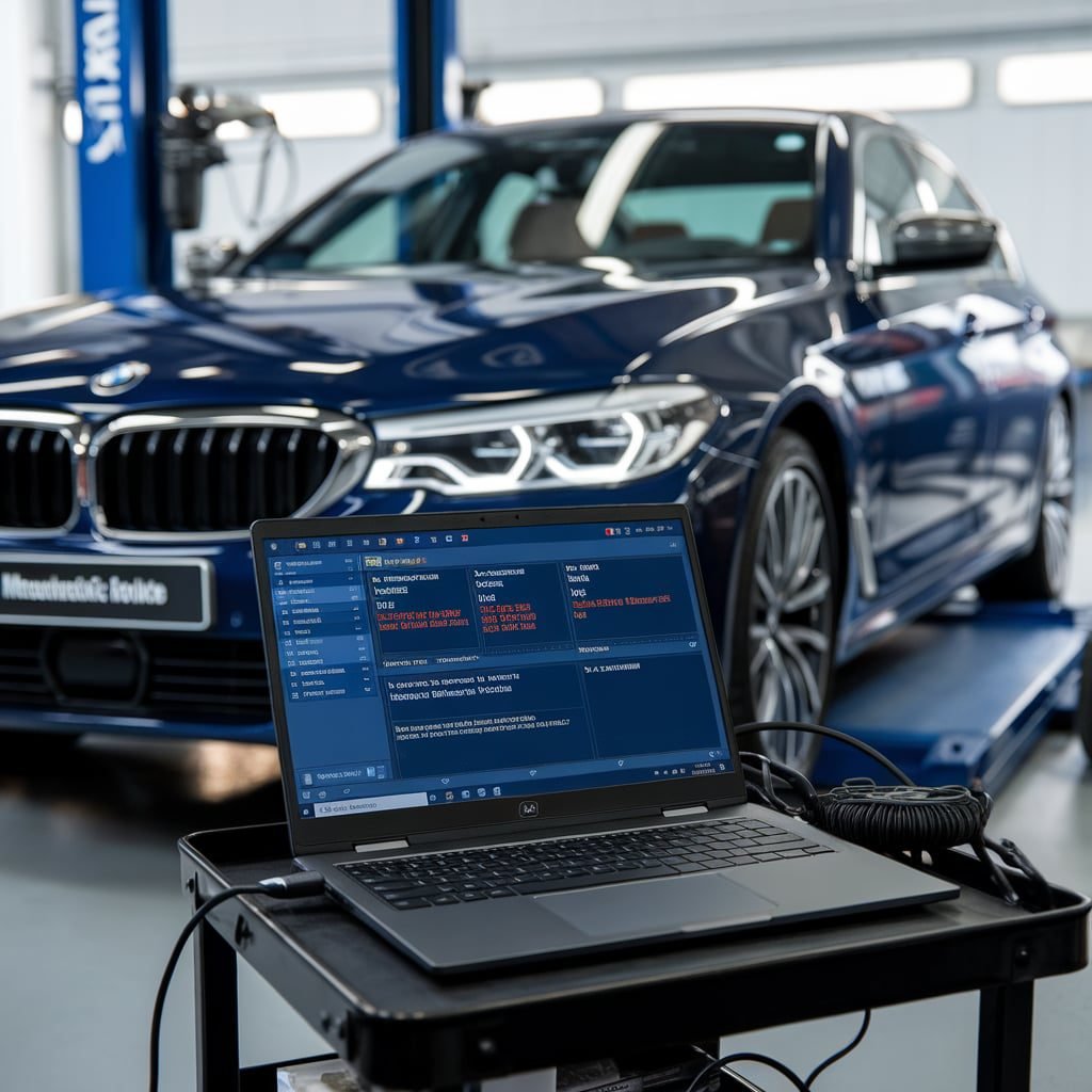 Diagnostic laptop positioned in front of a blue BMW