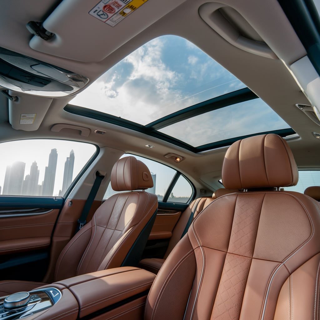 Panoramic glass roof above a BMW cabin