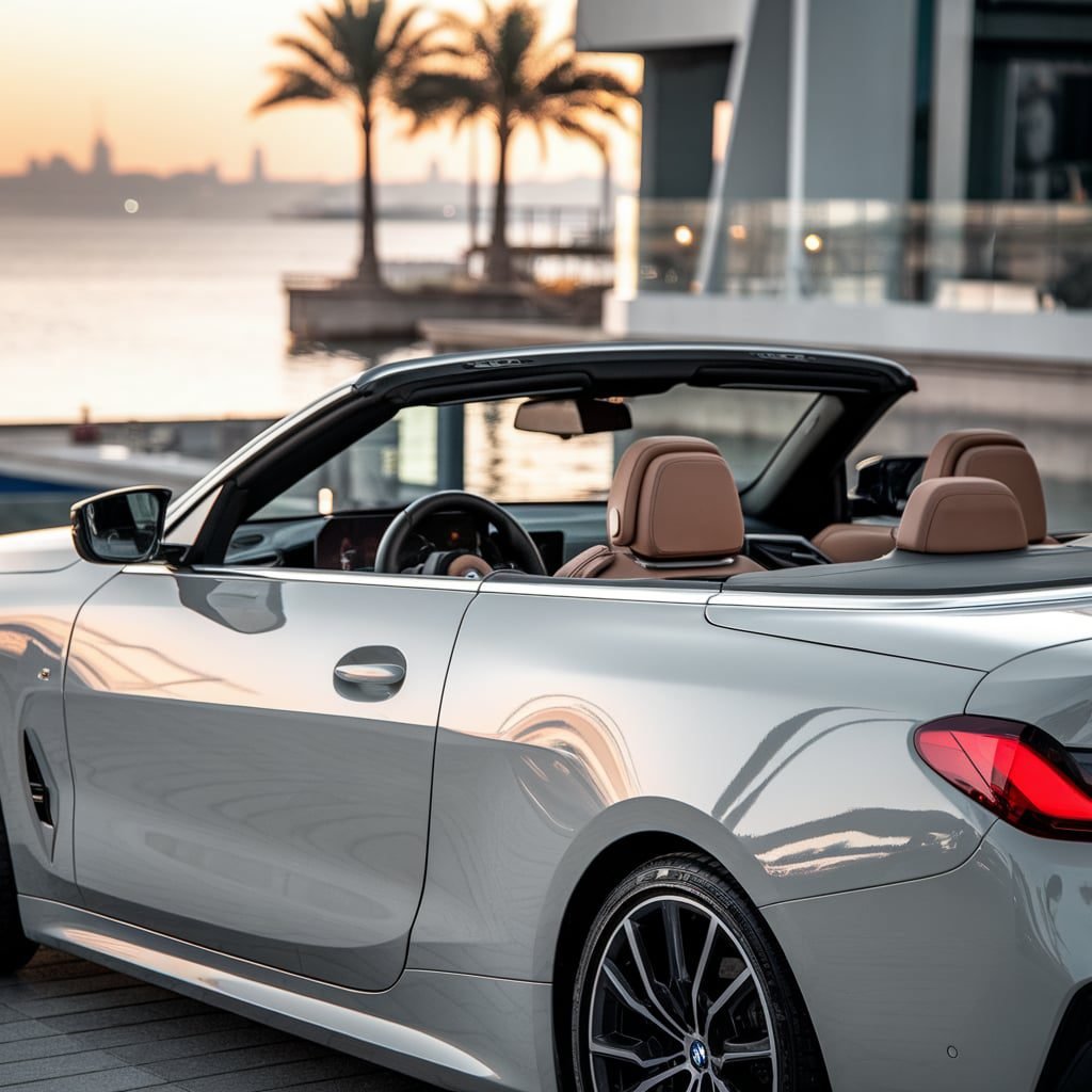 Silver BMW convertible with its roof lowered