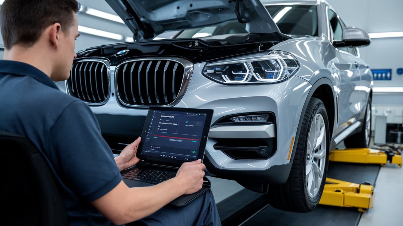 Diagnostic computer beside a BMW with its hood open