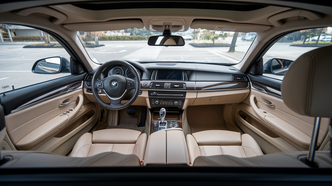 BMW cabin with the windshield and rearview mirror visible