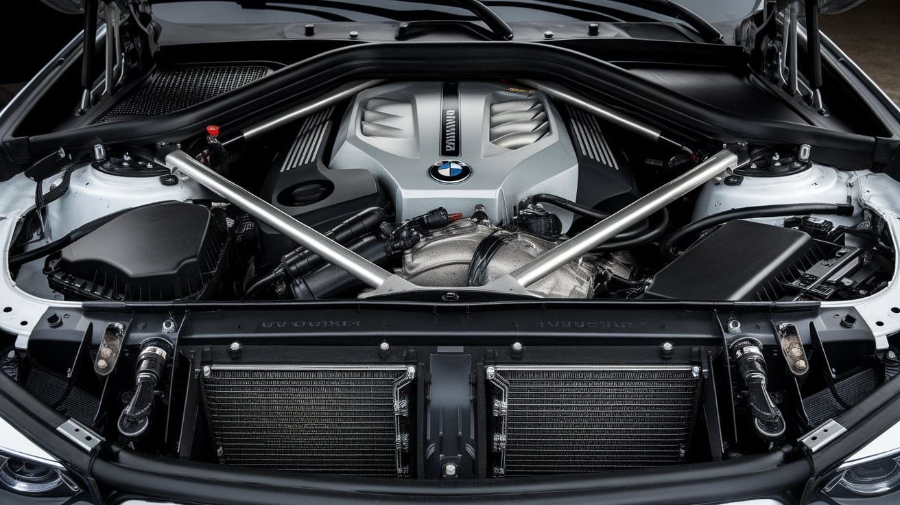 Illustrative BMW engine bay and front cooling assembly