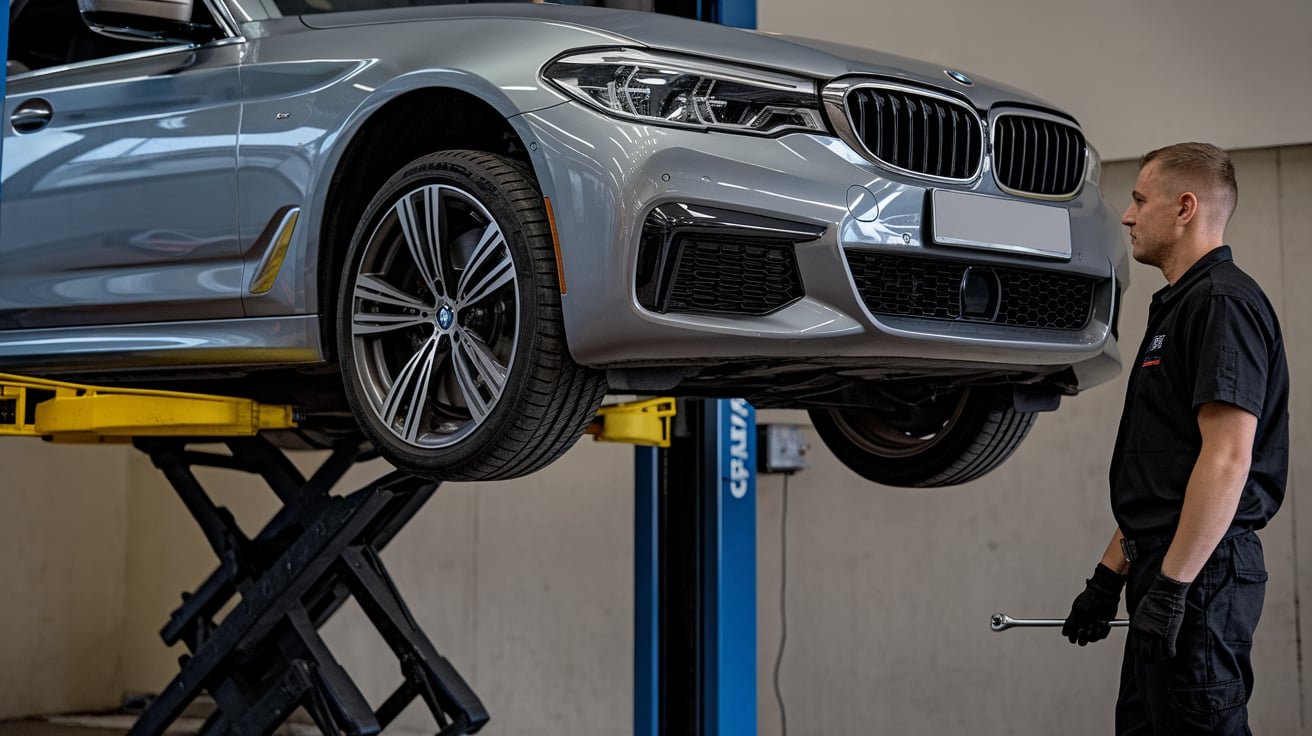 Illustrative BMW sedan raised for workshop access
