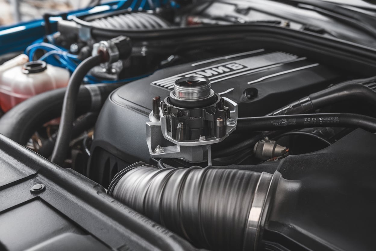 BMW 320i downpipe disconnected for turbo