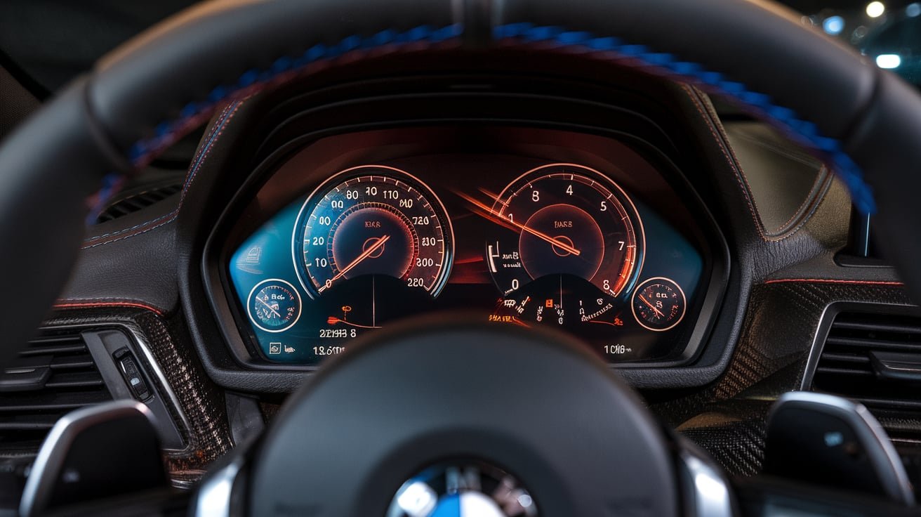 BMW M2 driver display and steering wheel during a workshop check
