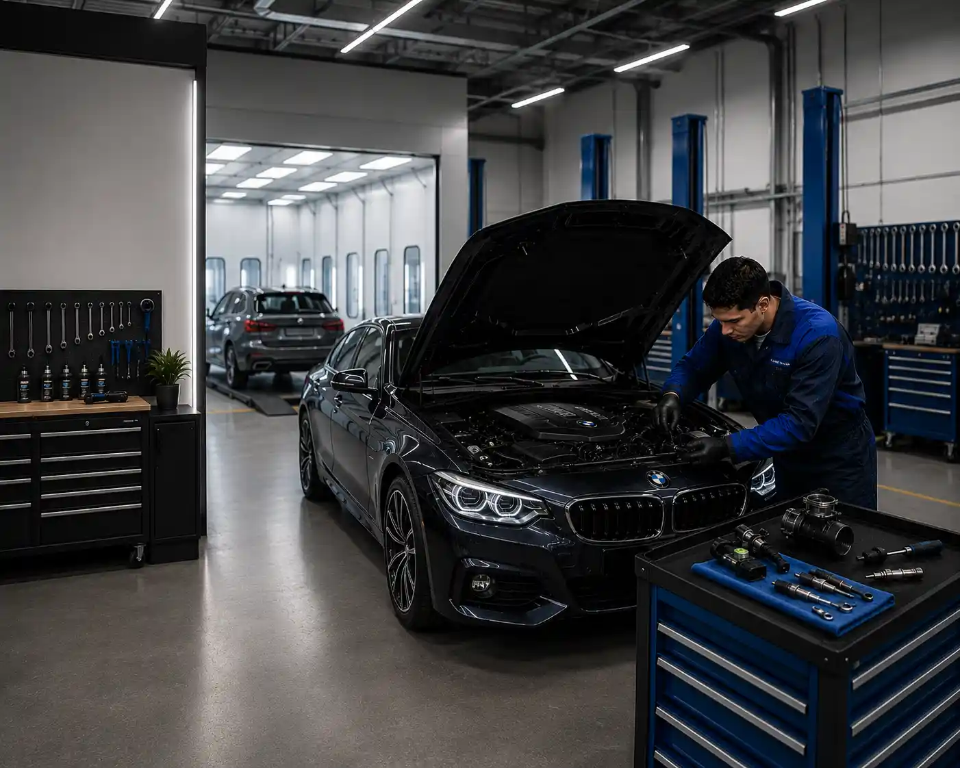 BMW positioned in a workshop for inspection
