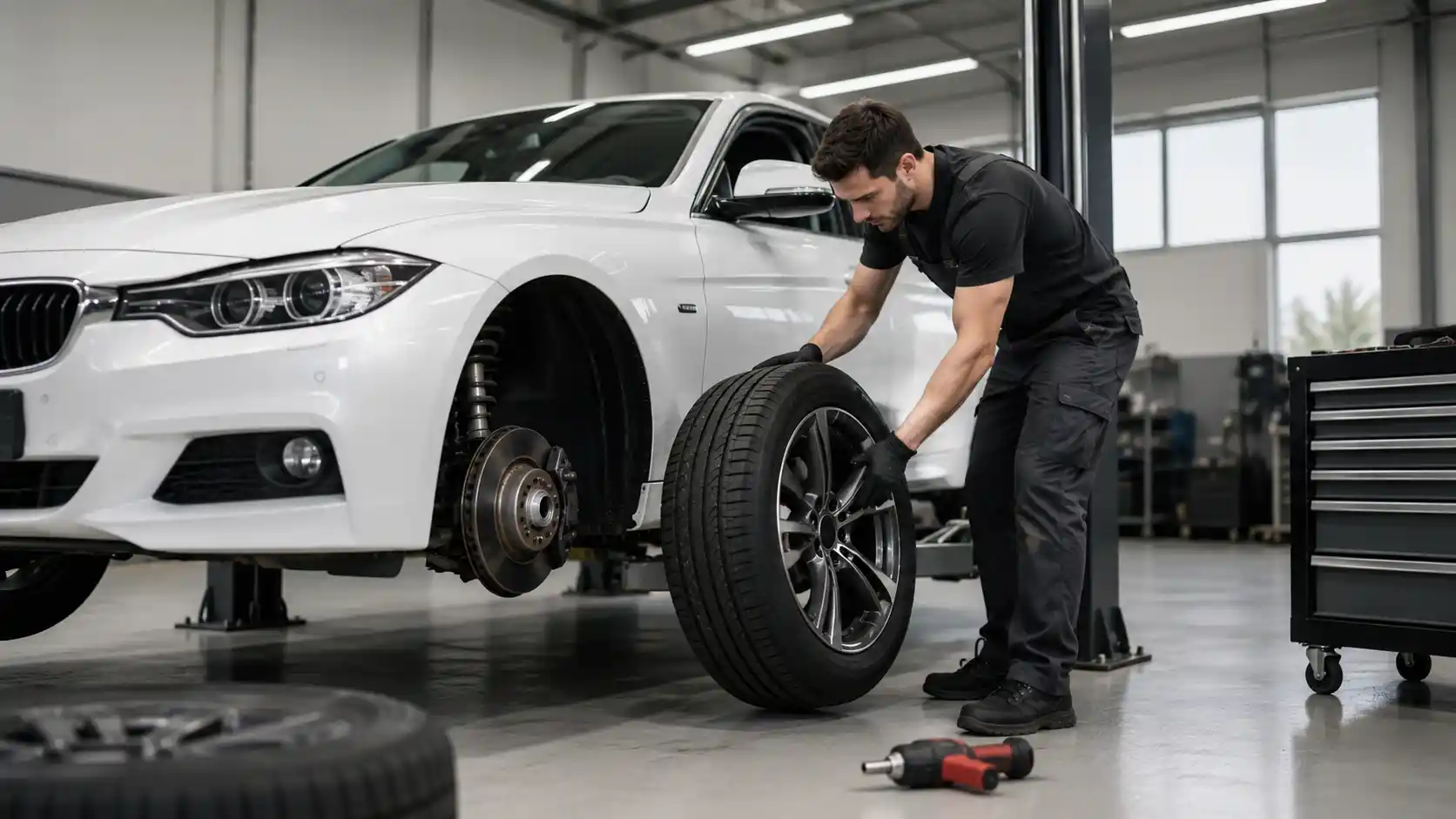 Technician fitting a tire to a BMW in a Dubai workshop
