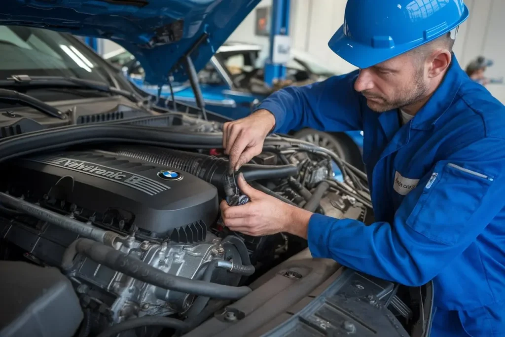 Illustration of a technician inspecting a BMW engine