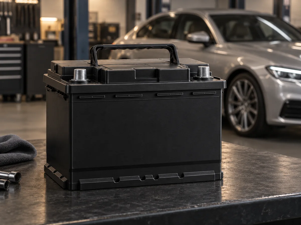 Illustration of a replacement 12V car battery on a workshop bench