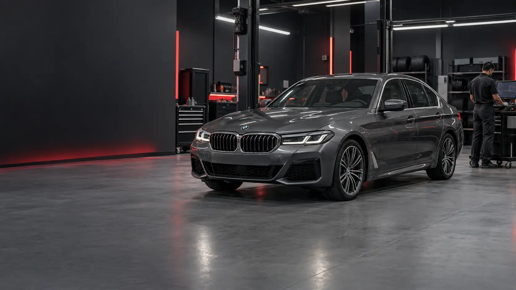 Grey BMW 530i in a specialist workshop in Dubai