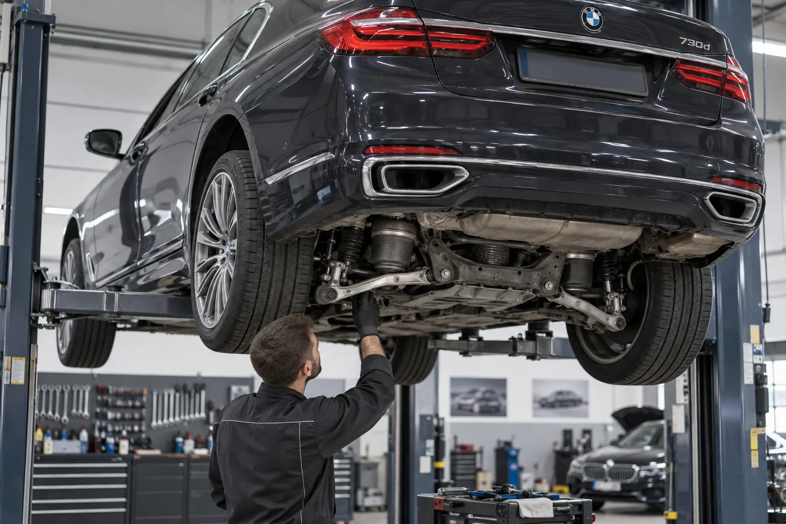 BMW 7 Series air suspension being inspected