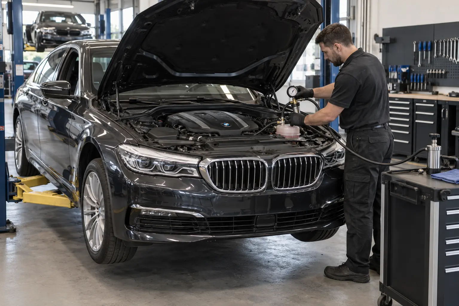 BMW cooling system being pressure tested in a workshop