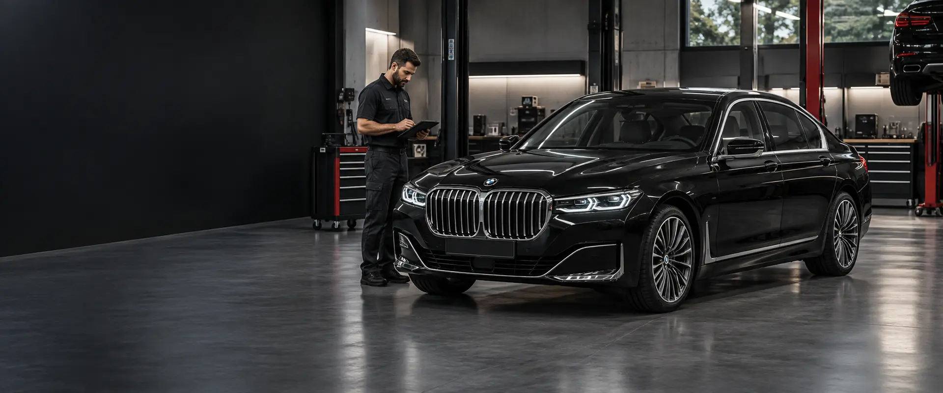Grey BMW 7 Series ready for repair in Dubai