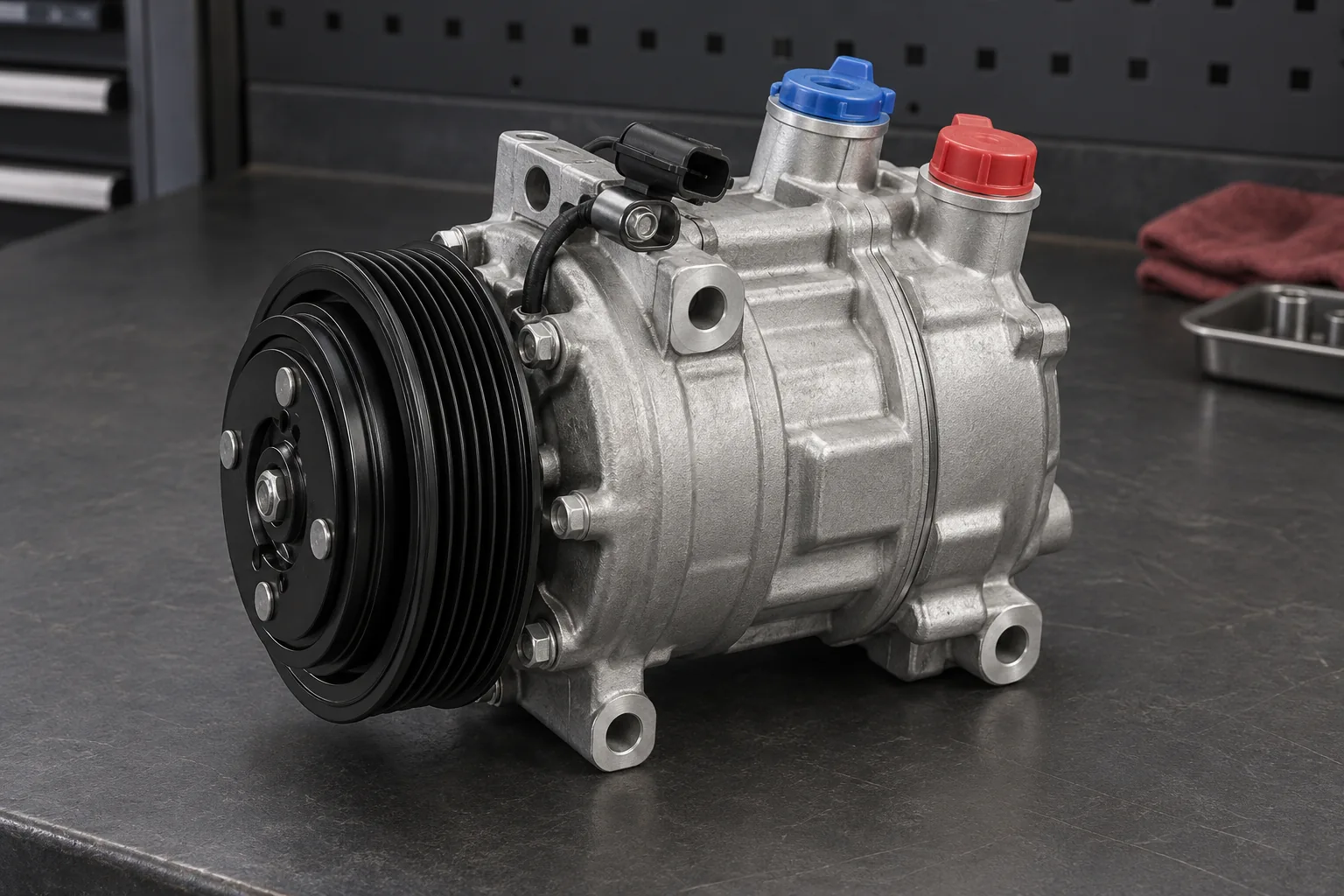 Belt-driven AC compressor with capped refrigerant connections