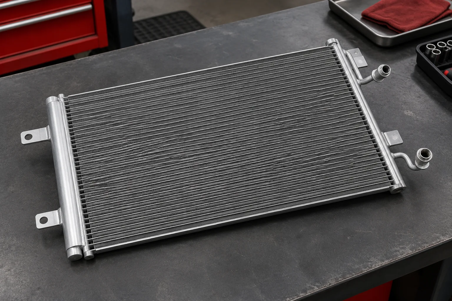 Complete automotive AC condenser with connection ports
