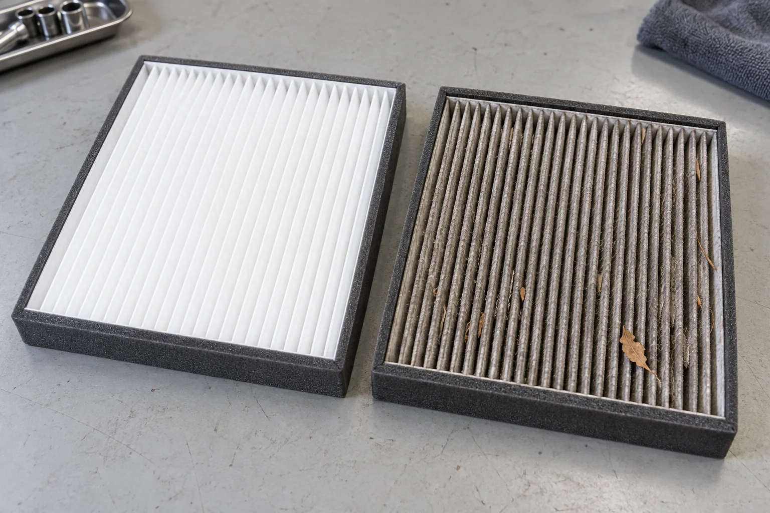 Clean and dusty pleated cabin-air filters