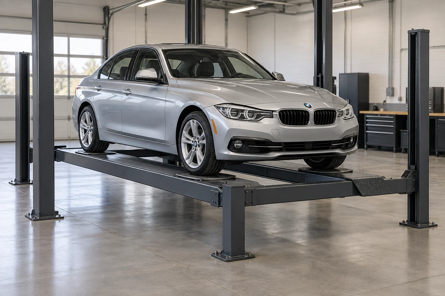 Silver BMW sedan on a four-post alignment rack