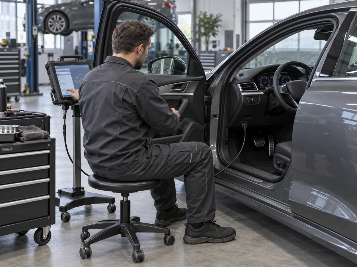 Technician checking BMW electrical data beside a grey vehicle