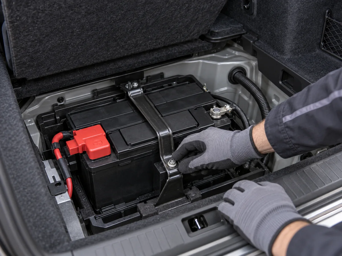Service illustration of a 12V battery secured in a luggage-compartment tray