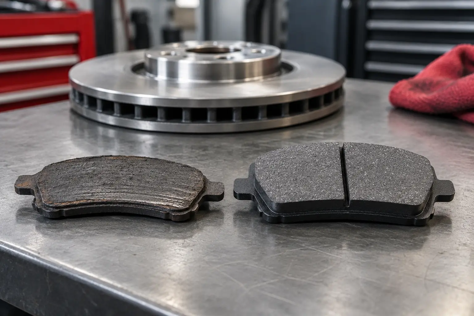 Illustration comparing a worn brake pad with a new brake pad