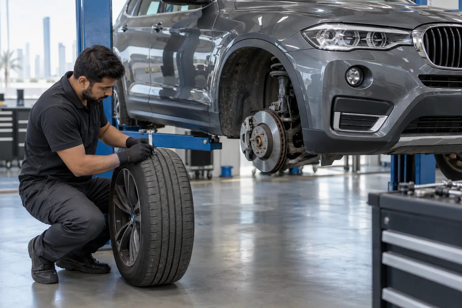 Technician measuring tyre tread beside the exposed front brake assembly of a grey BMW X3 on a lift