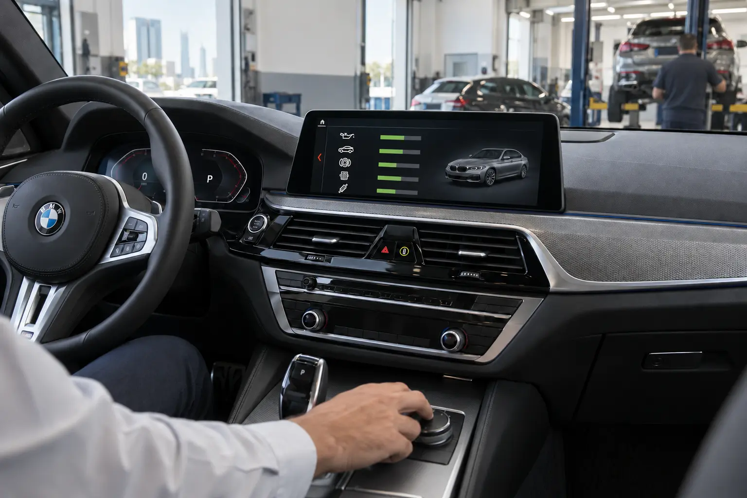 BMW iDrive-style service status screen with service icons and condition bars in a parked car