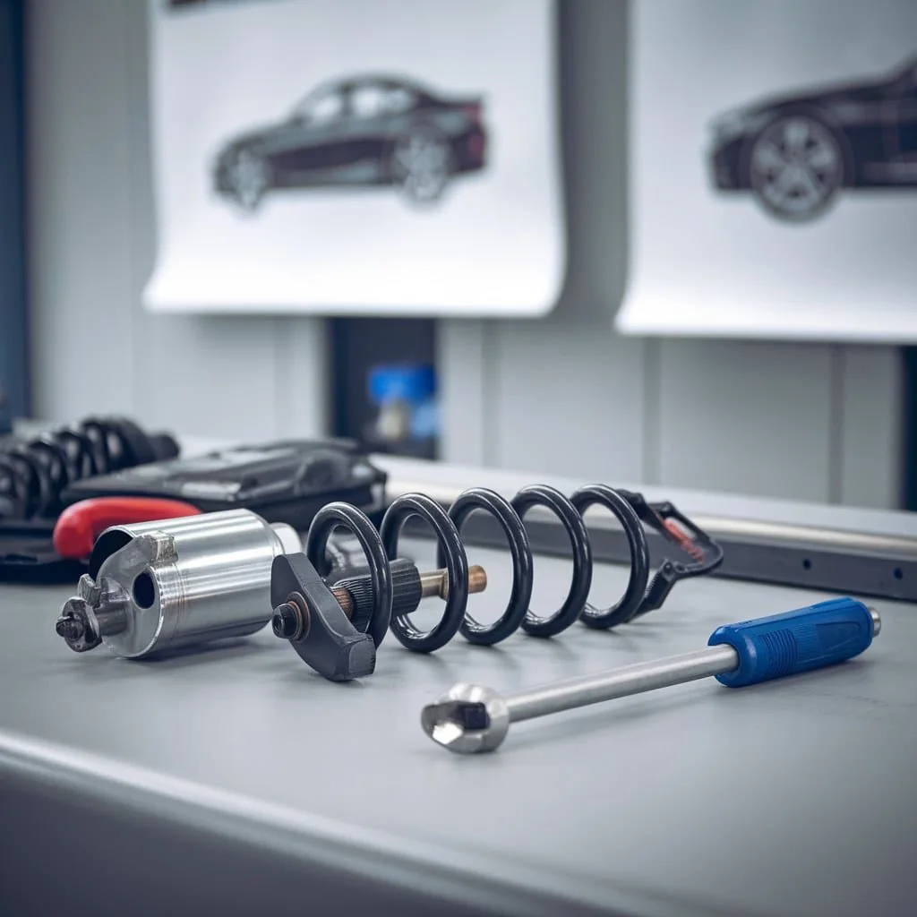 Illustration of spring and strut components on a workshop bench