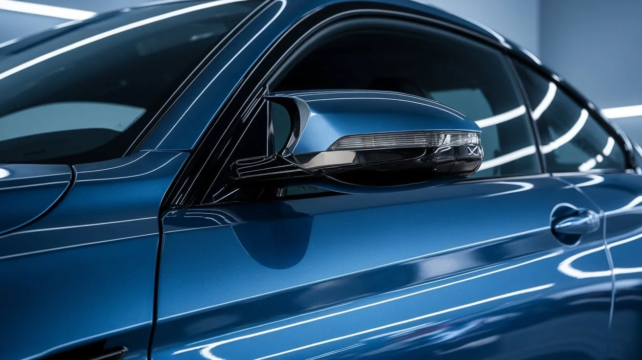 Blue BMW Coupe side window and M mirror