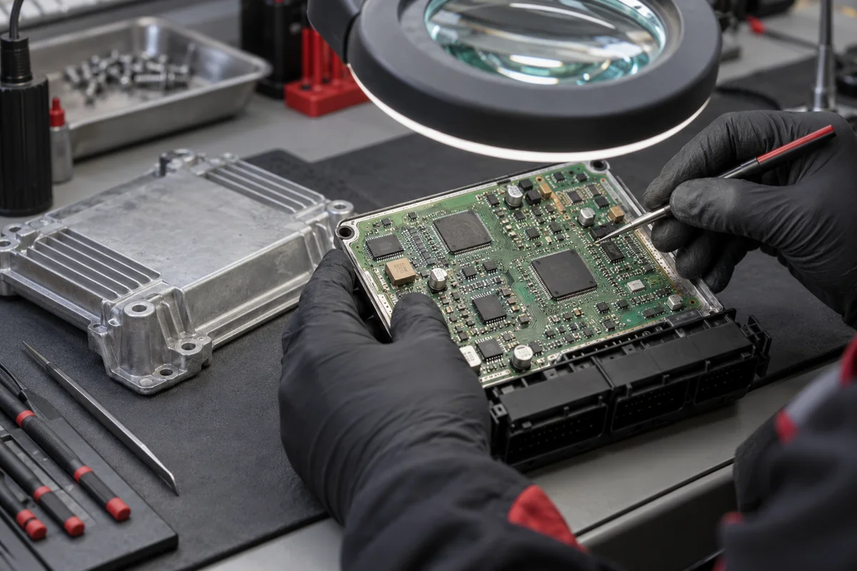 Illustration of a technician inspecting an engine control circuit board under magnification
