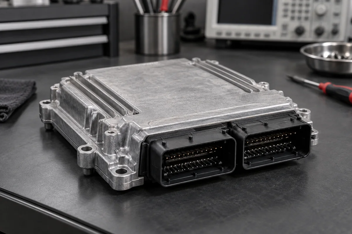 Illustration of a closed engine control module with multipin connectors