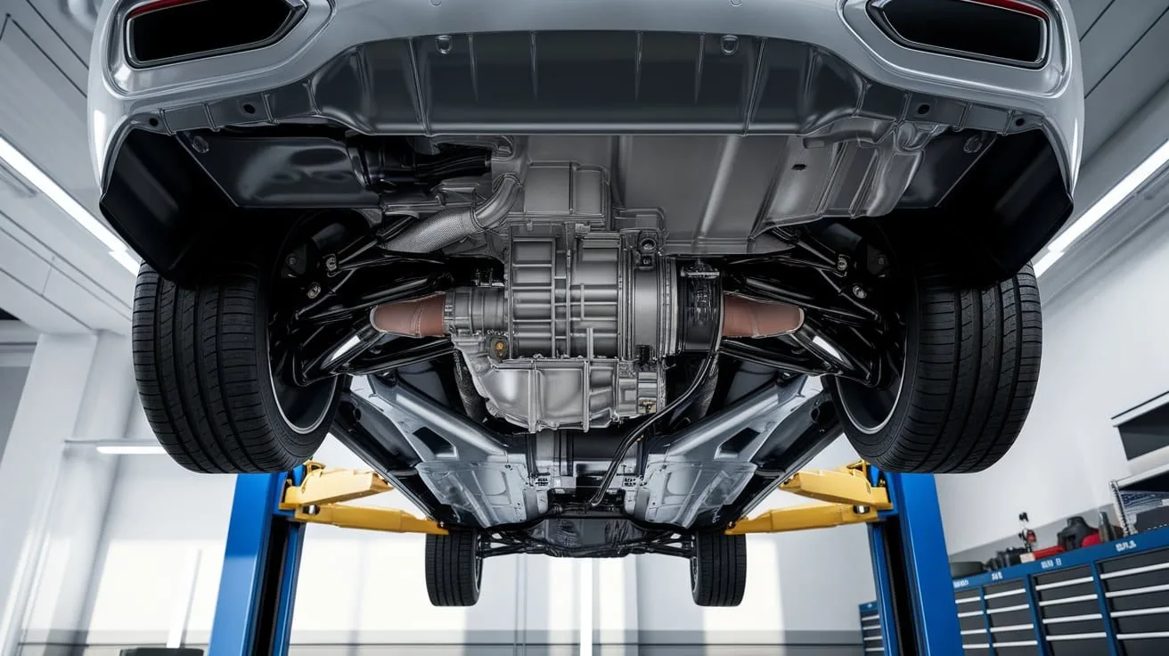 BMW rear driveline and underbody on a lift