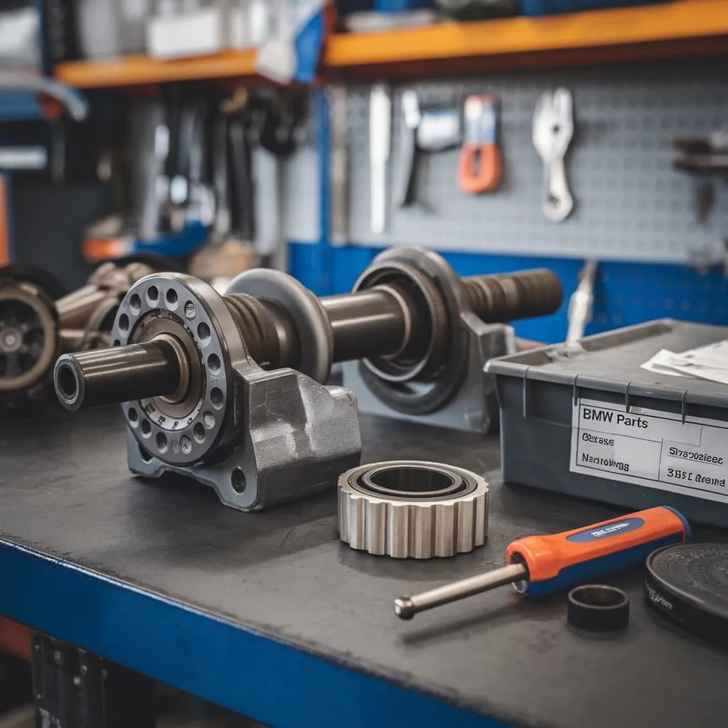 Illustration of a driveline shaft and bearing on a workbench