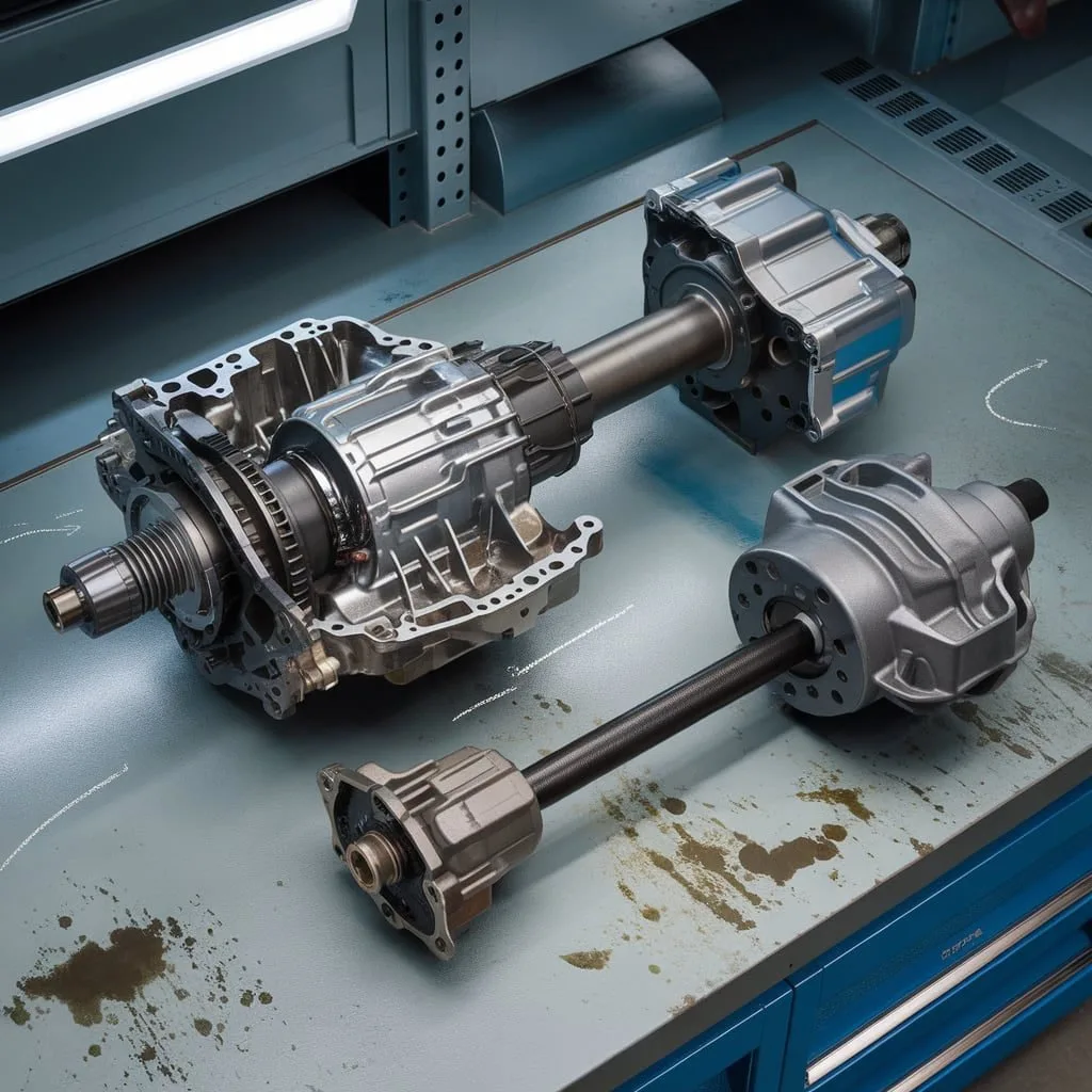 Illustration of a transmission, differential and related drivetrain parts