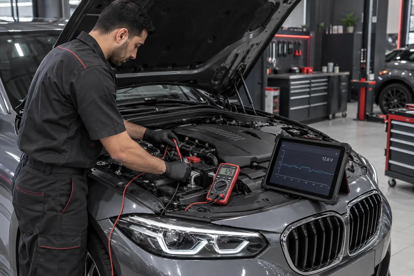 Illustrative electrical testing beside a BMW engine bay
