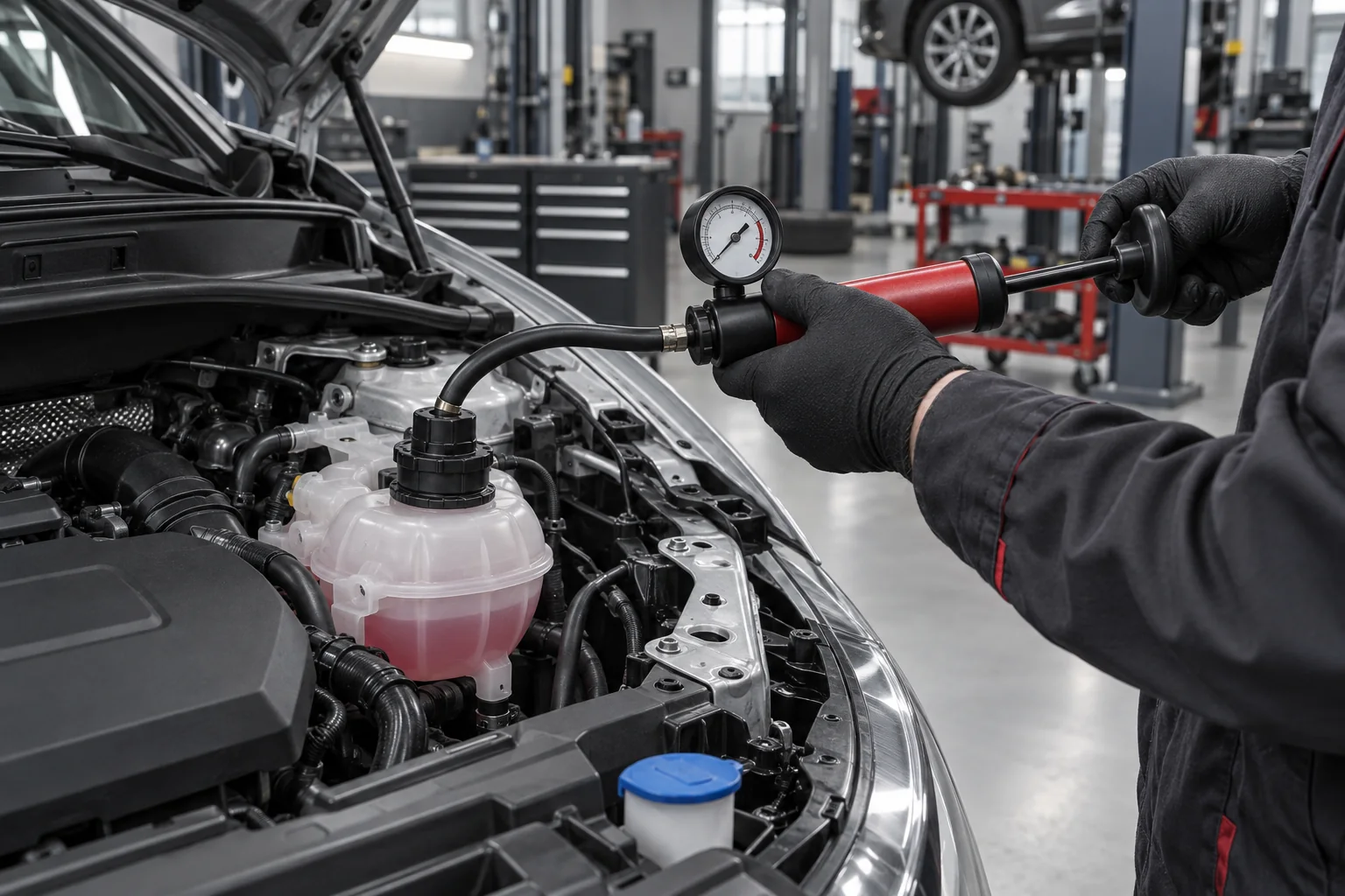 Cooling-system pressure test on a grey BMW
