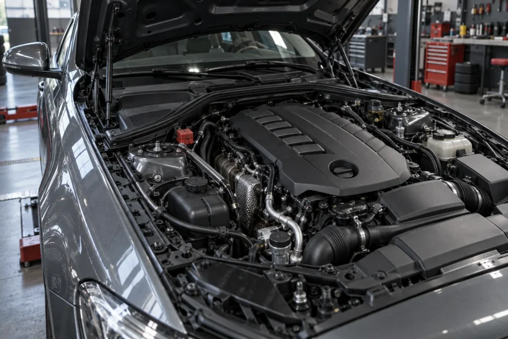 Illustration of a BMW with its hood open for engine assessment