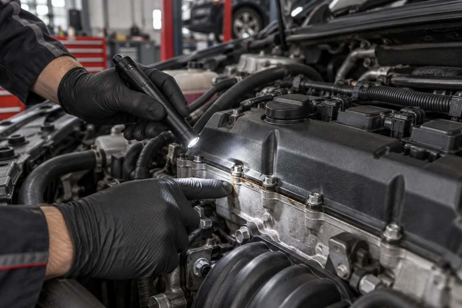 BMW engine inspected for oil leakage