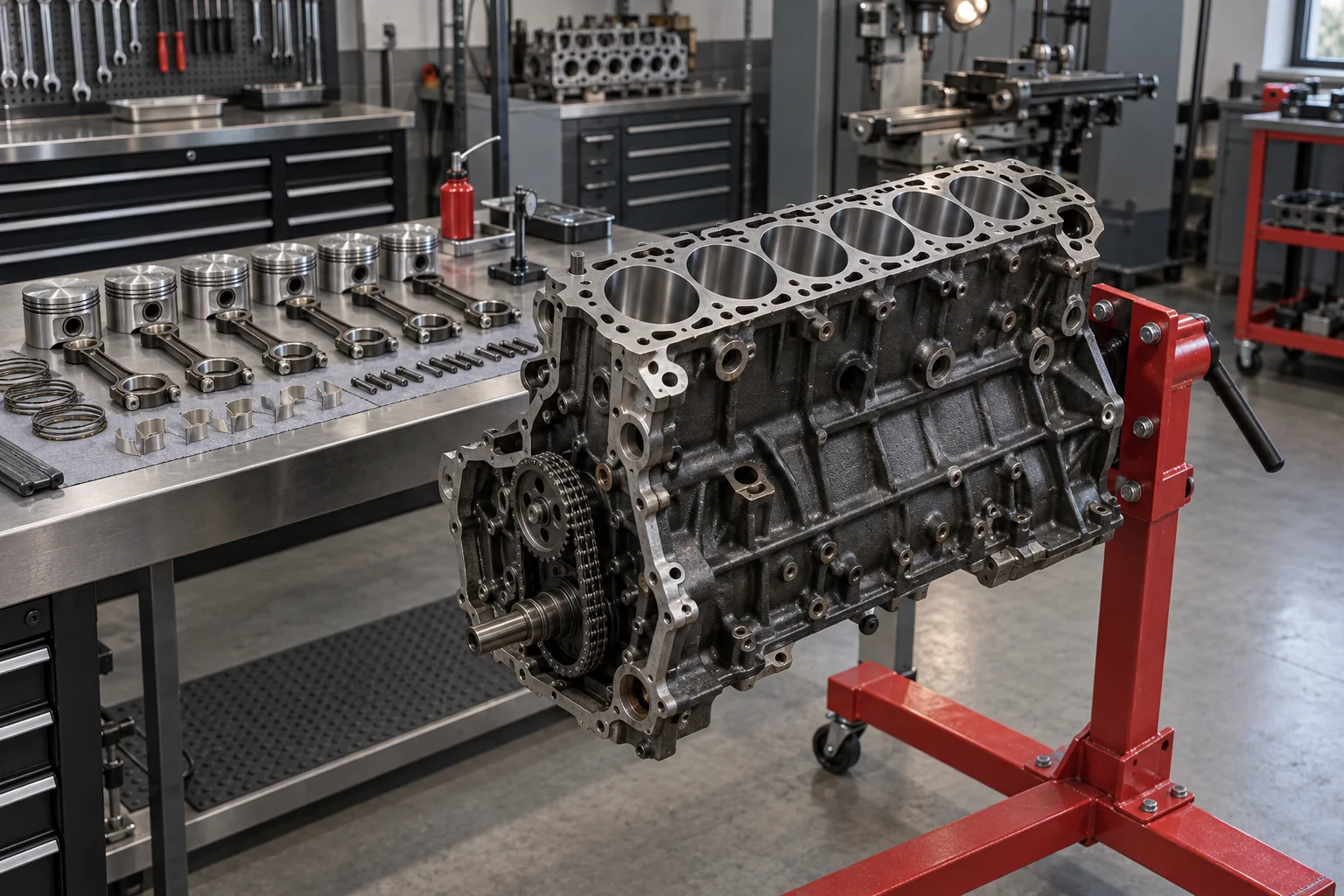 Disassembled engine block and cylinder head during engine work
